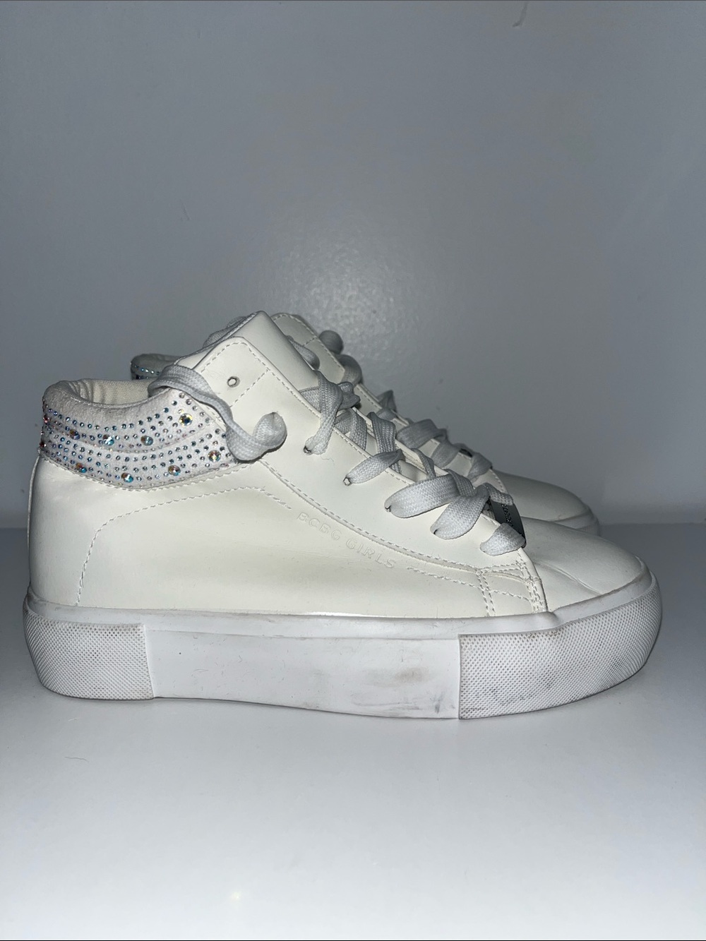 BCBGirls Big Girl Sz 3 White High-Top Sneakers w/ Rhinestones, Call Outs